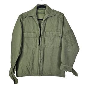Vintage 50s Military L Cotton Button Front Shirt Green Utility Canvas Casual